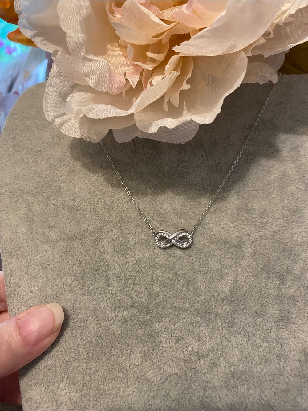 Rhodium Plated Delicate Infinity Pendant Necklace One Swarovski Crystal on chain